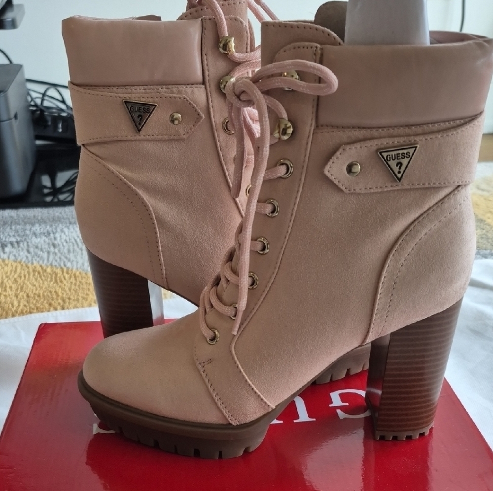 Guess Tan Lace Up Boots with Chunky Heel